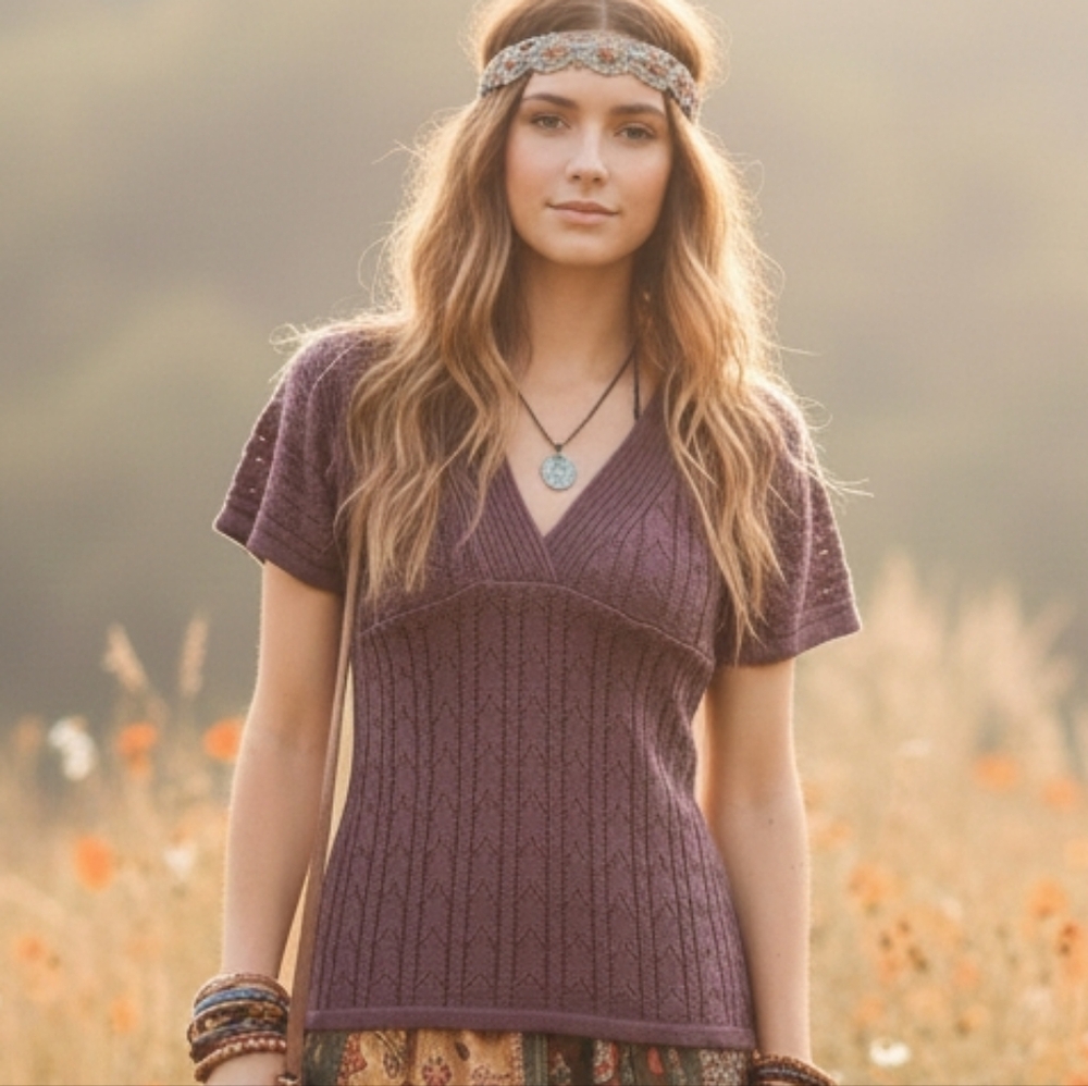 RW&CO. XS Y2K Bohemian Hippie Resortwear Pointelle Babydoll Crochet Knit Top